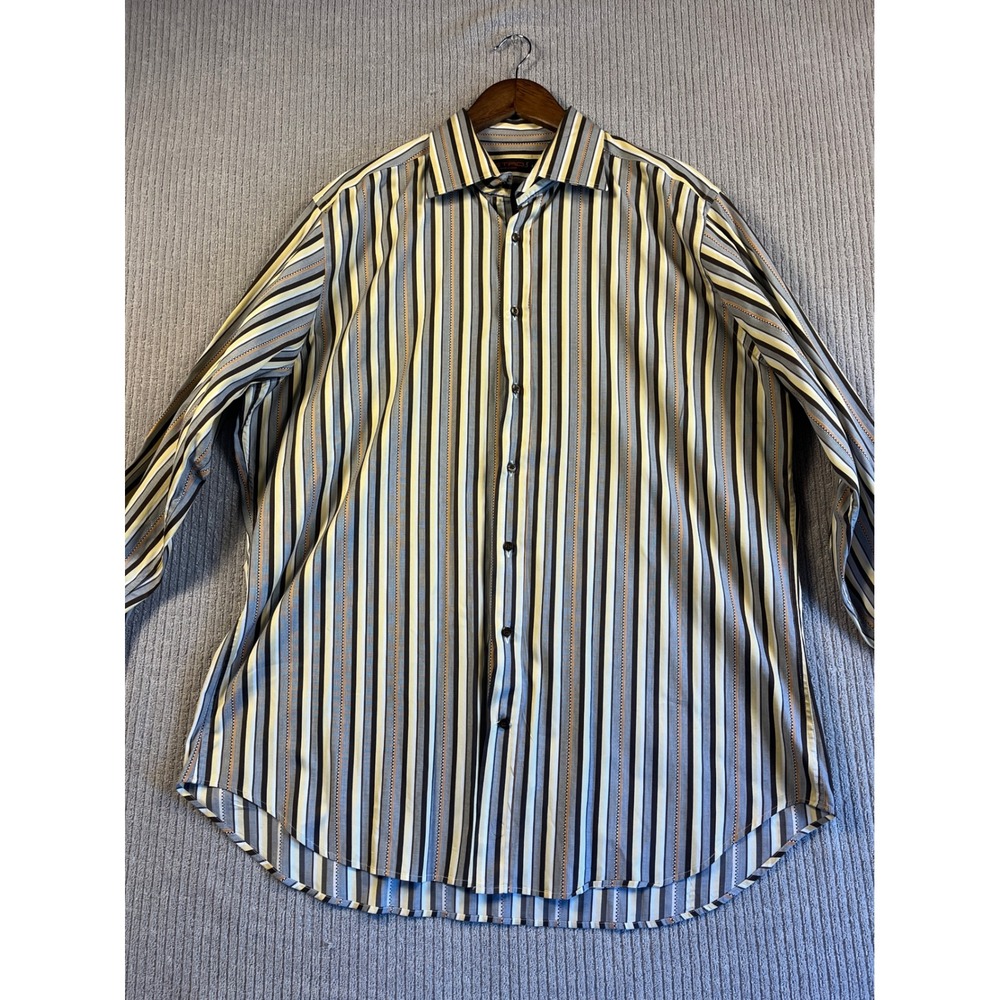 Etro Milano Mens 44 Striped Button Down Dress Shirt Brown Gray Made In Italy